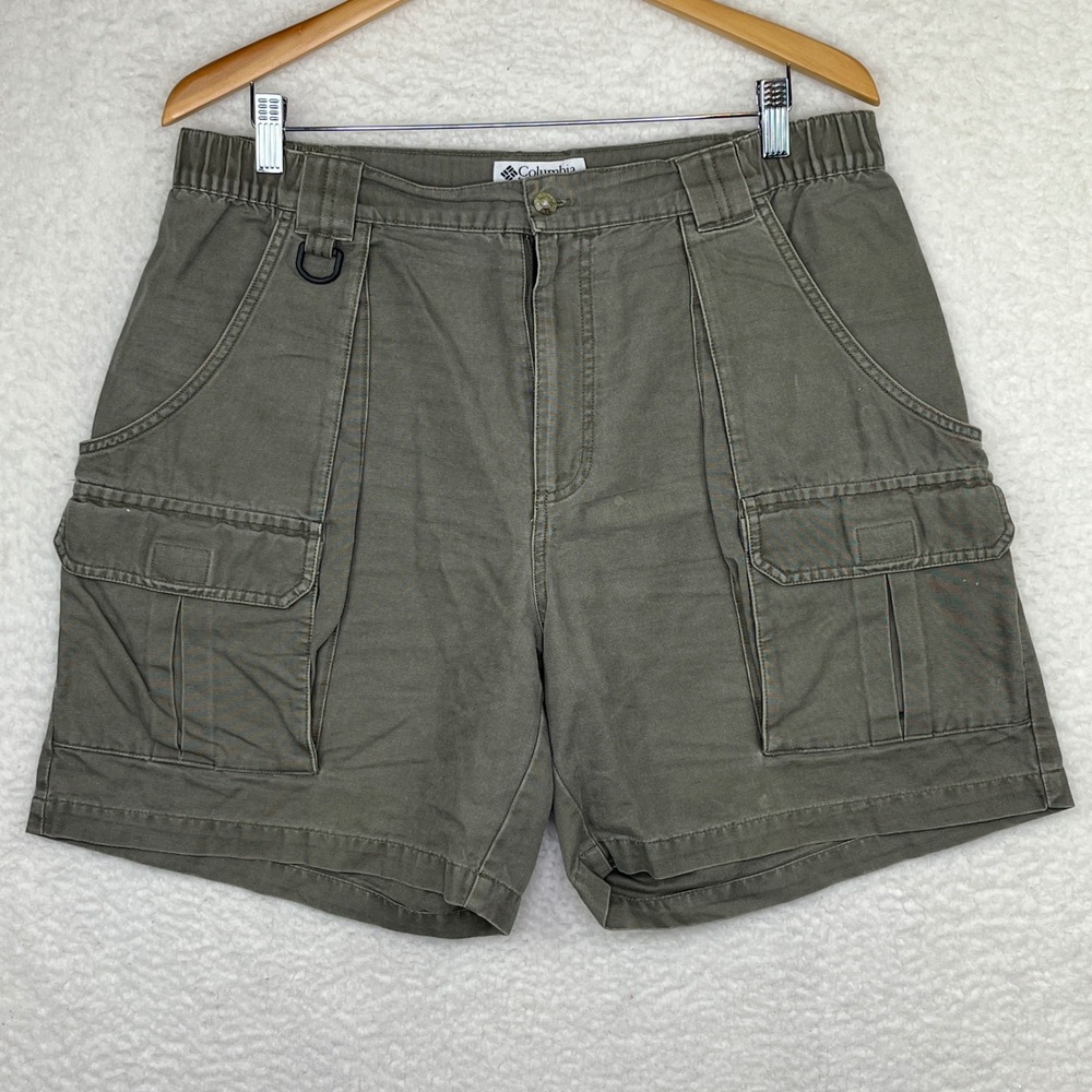 Columbia Mens Cargo Shorts Olive Green Elastic Waist D-Ring Hiking Outdoor 34